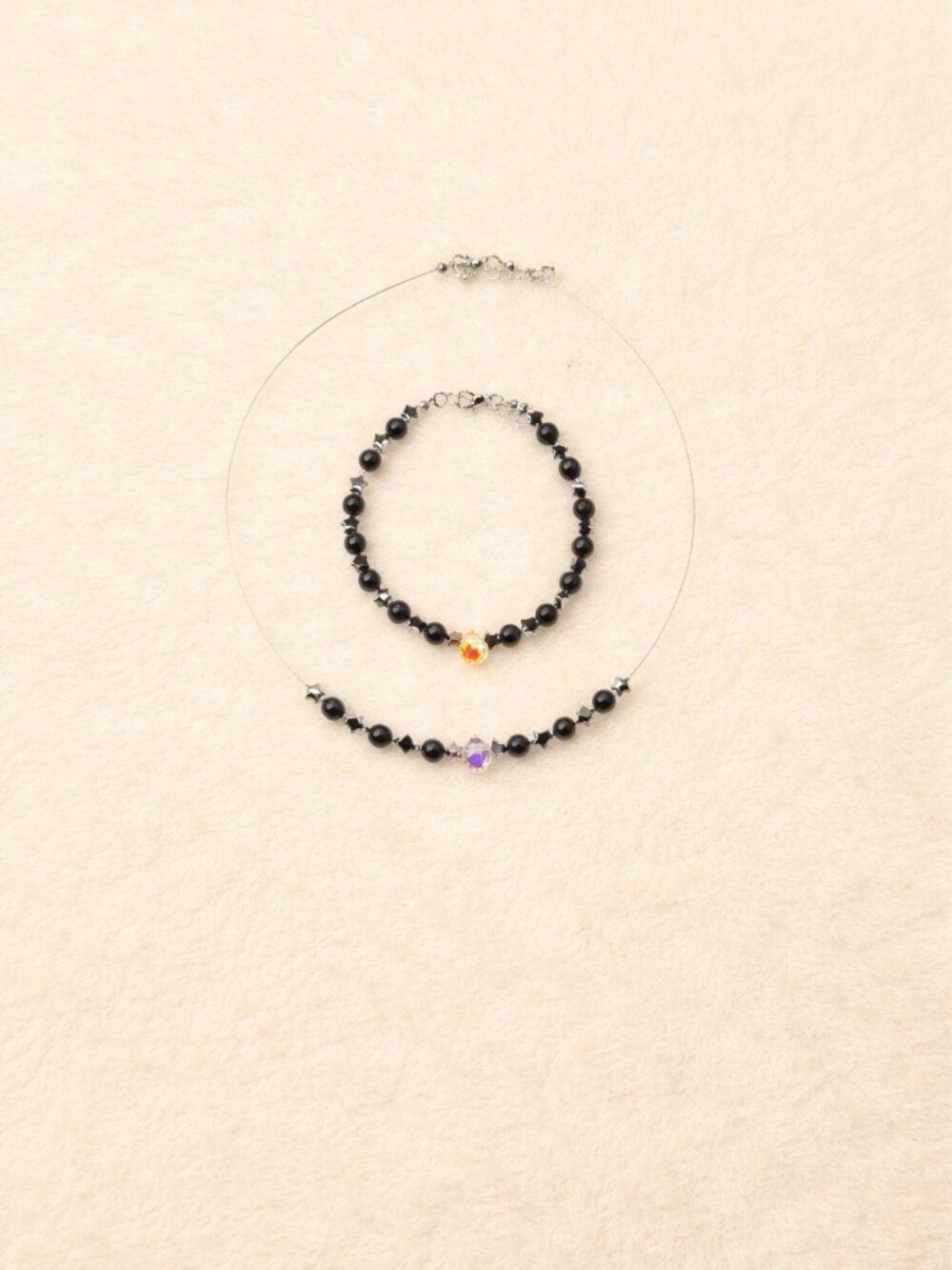 Obsidian Necklace & Bracelet Set with Silver Star Accents – Adjustable